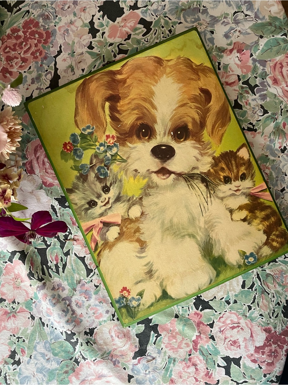 Vintage MCM 1960s 1970s Kitsch Puppy Kitten Art Printed on Wooden Plaque